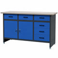 Banco da Lavoro in Metallo con 6 Cassetti e 2 Scomparti Chiusura a Chiave, Piano in MDF, Portata 500 kg, Regolabile, 170x60x85 cm, Antracite-Blu