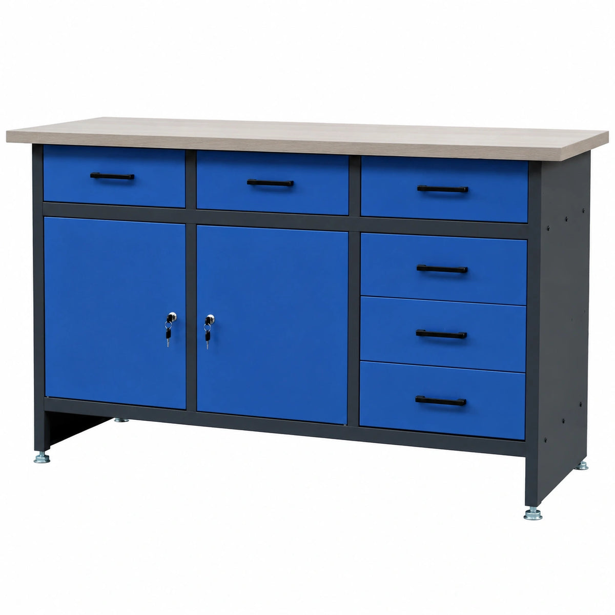 Banco da Lavoro in Metallo con 6 Cassetti e 2 Scomparti Chiusura a Chiave, Piano in MDF, Portata 500 kg, Regolabile, 170x60x85 cm, Antracite-Blu