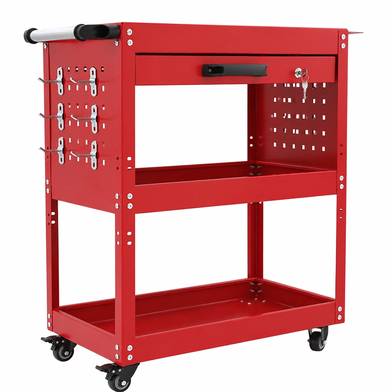 Carrello officina a 3 livelli in metallo con cassetto, ruote con freno, capacità 250 kg, per garage e magazzino, rosso