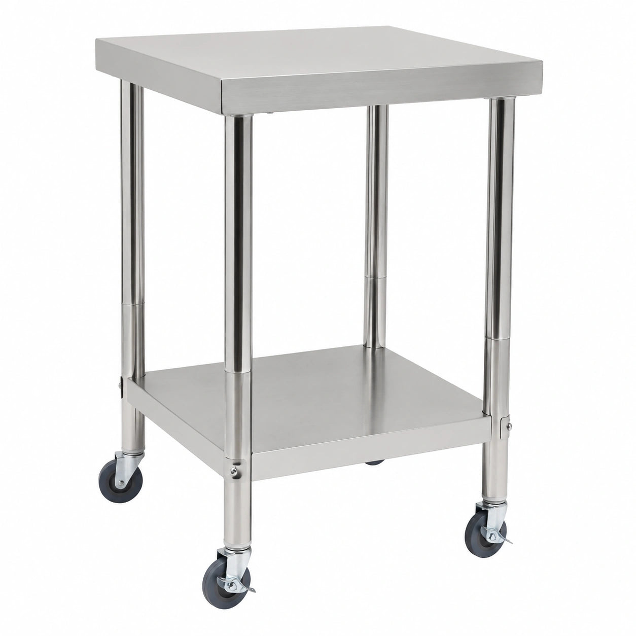 Banco da Lavoro in Acciaio Inox 60x60 cm con Ruote e Doppio Ripiano, Portata Max 300 kg