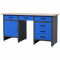 Banco da Lavoro in Metallo con 6 Cassetti e Serratura, Gambe Regolabili, MDF, Portata 500 kg, 170x60x85 cm, Antracite e Blu