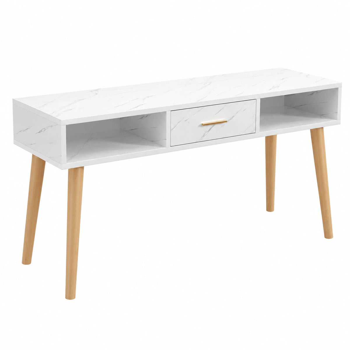 Tavolo per Manicure in Finto Marmo con Cassetto, Gambe in Legno, 120x40x78cm