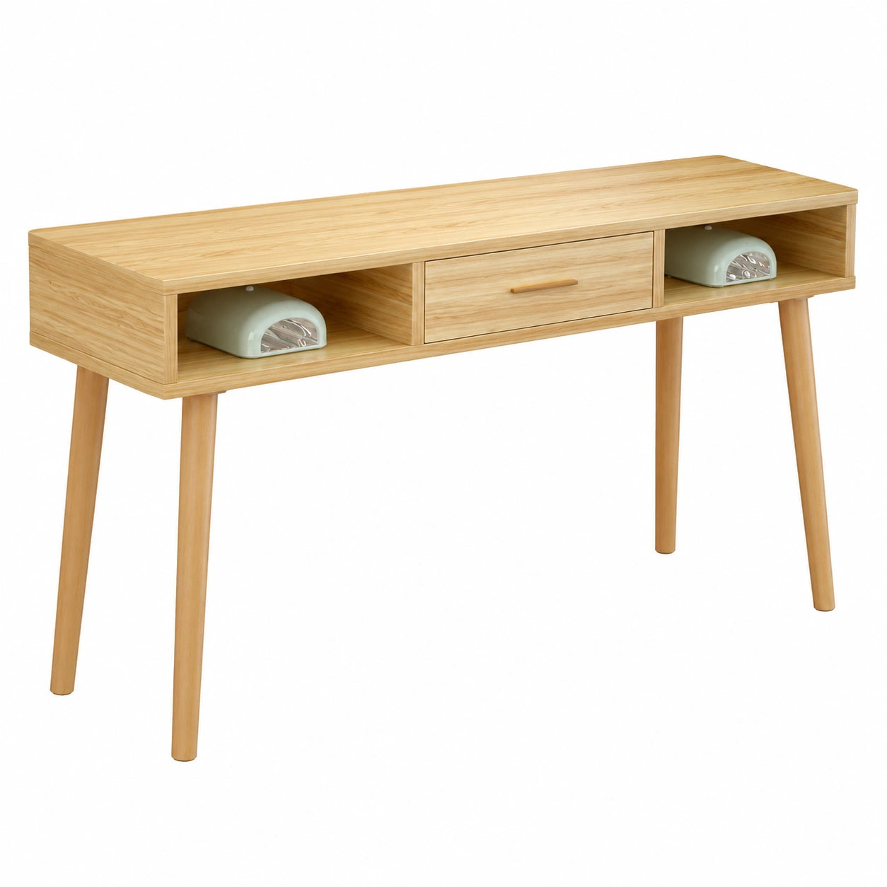 Postazione manicure professionale con cassetto e superficie effetto marmo, gambe in legno, elegante design