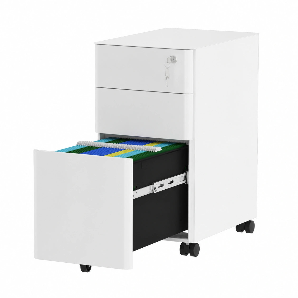 Armadio in metallo con serratura e ruote, 3 cassetti, 46x30x59 cm, bianco