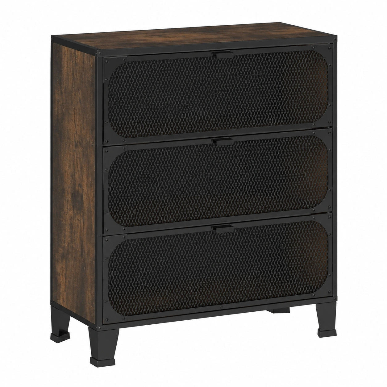 Mobile contenitore in stile industriale, set 2 pezzi, marrone vintage, metallo e MDF, 72x36x82 cm, 3 ante a rete, 2 ripiani per salotto, ufficio, ingresso, laboratorio