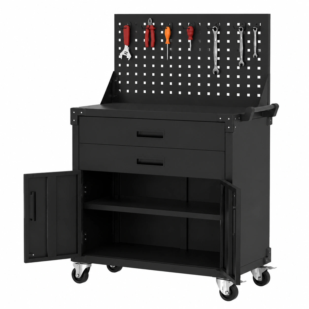 Mobiletto da Garage in Metallo con Pegboard e Ruote, 2 Cassetti, Salvaspazio per Officina e Magazzino, 80x42x90 cm